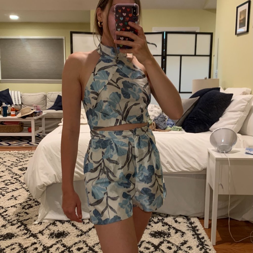 Blue Floral Matching Shorts and Halter Set